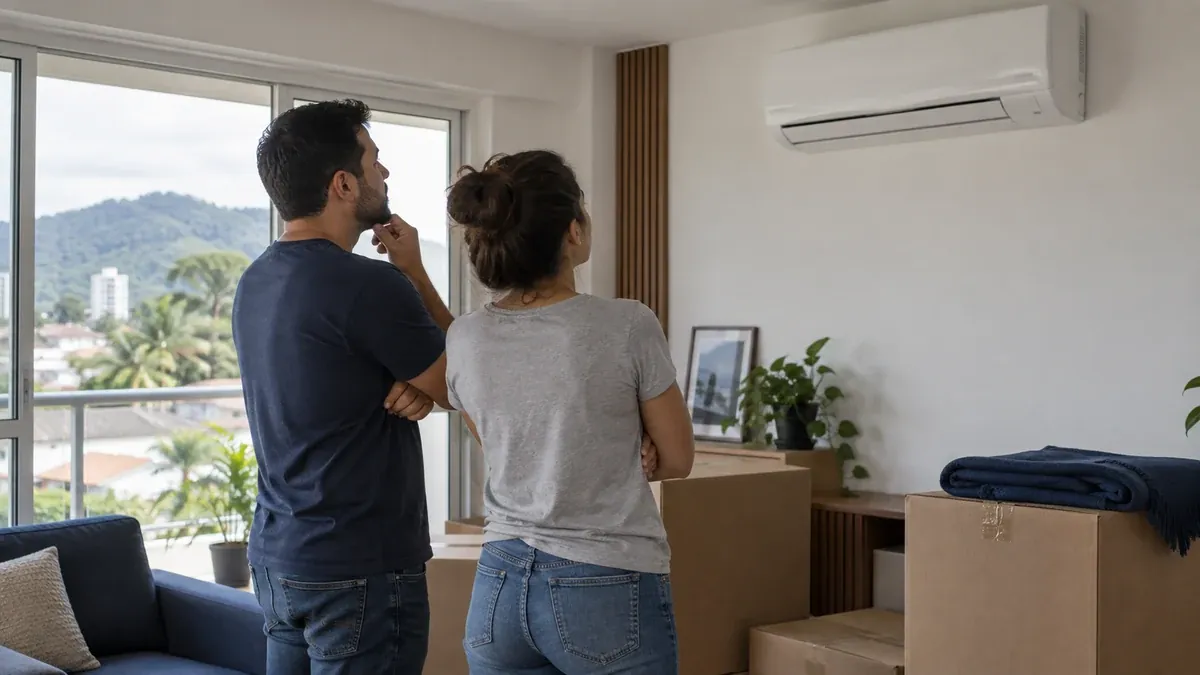 Caixas de mudança em uma sala com um ar-condicionado split na parede