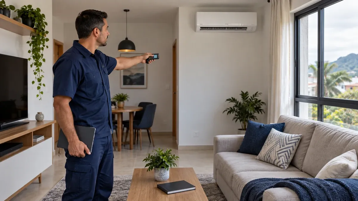 Técnico medindo um ambiente para dimensionar a potência do ar-condicionado