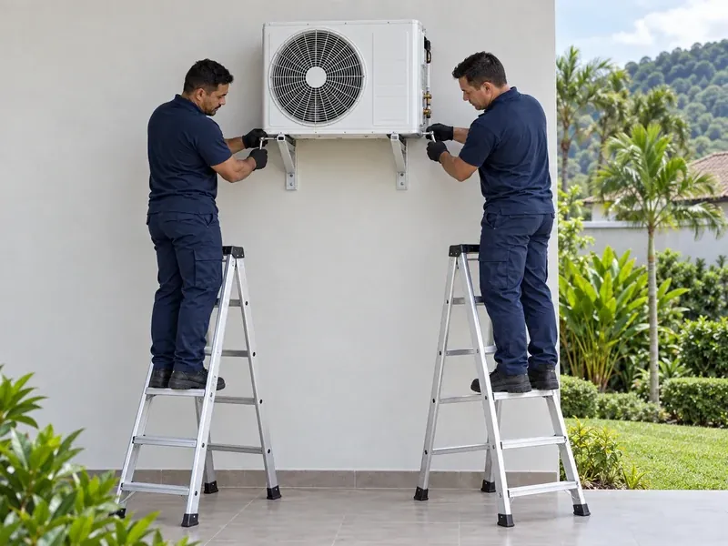 Unidade externa de ar-condicionado split sendo retirada da parede para a mudança