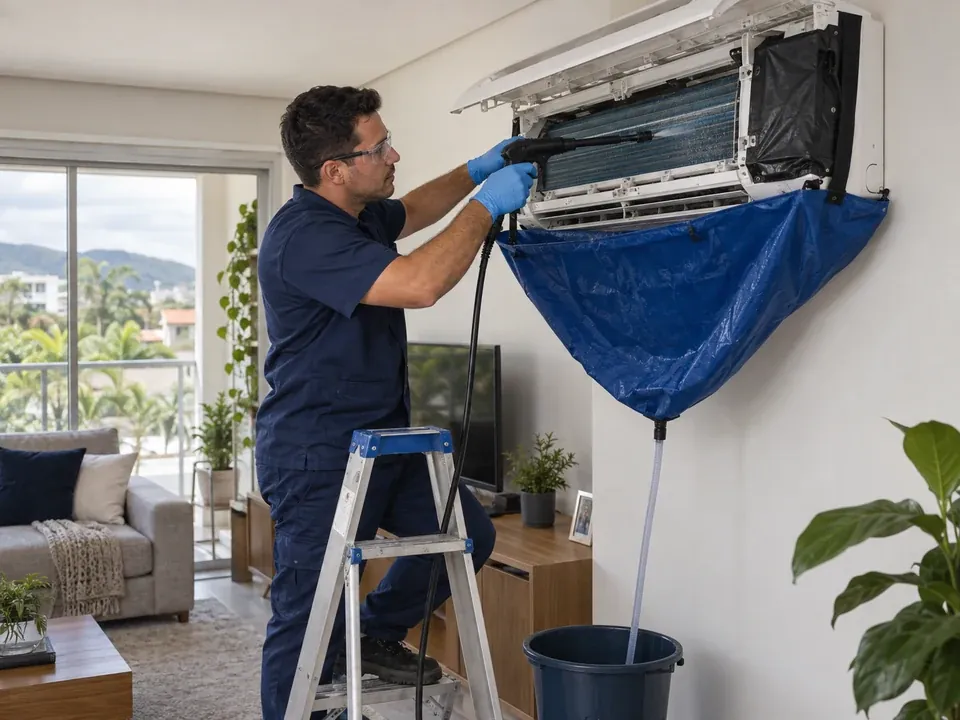 Técnico fazendo a higienização de um ar-condicionado split em uma residência