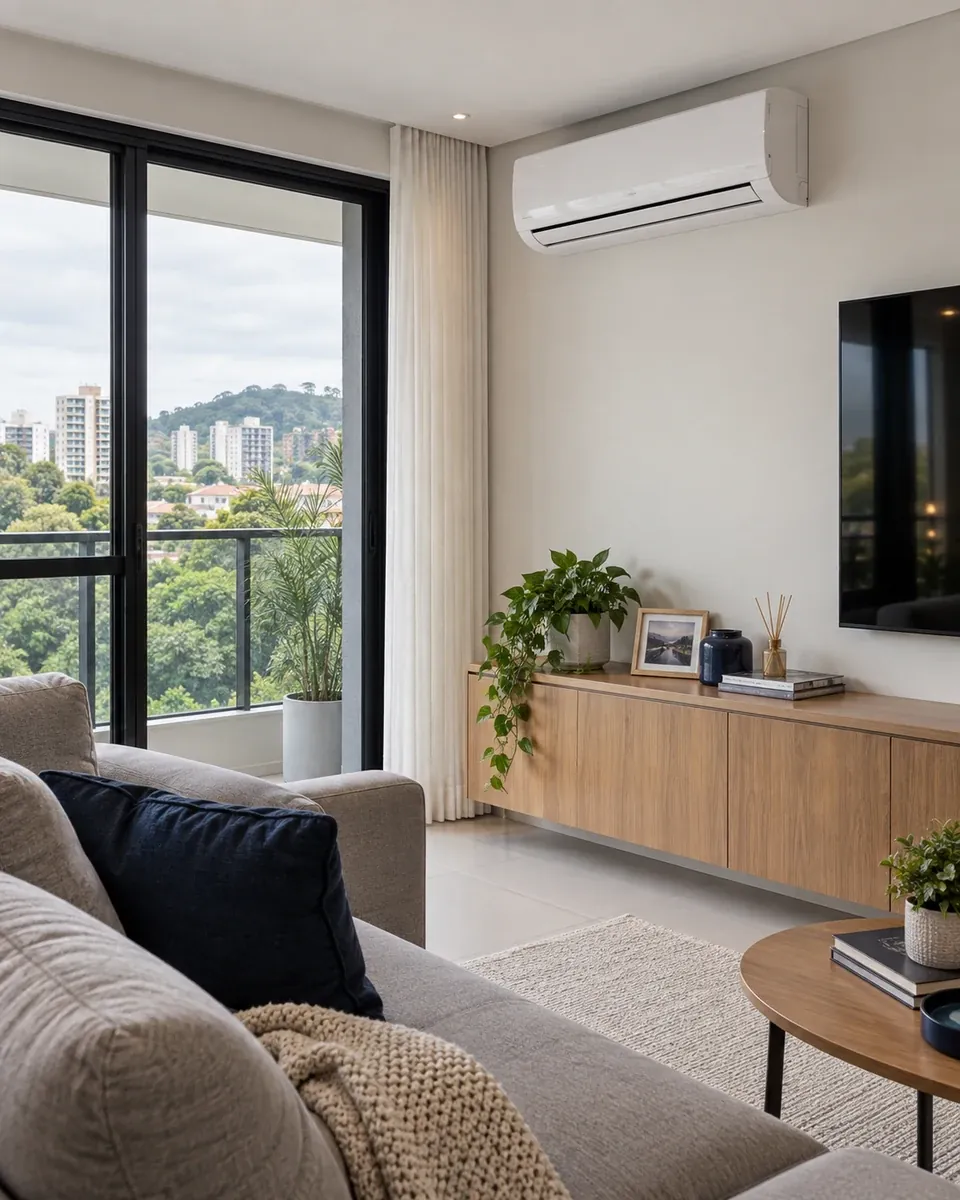 Ar-condicionado split instalado na parede da sala de um apartamento