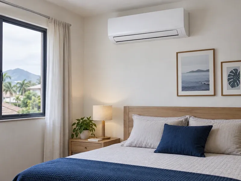 Ar-condicionado split hi-wall instalado na parede de um quarto