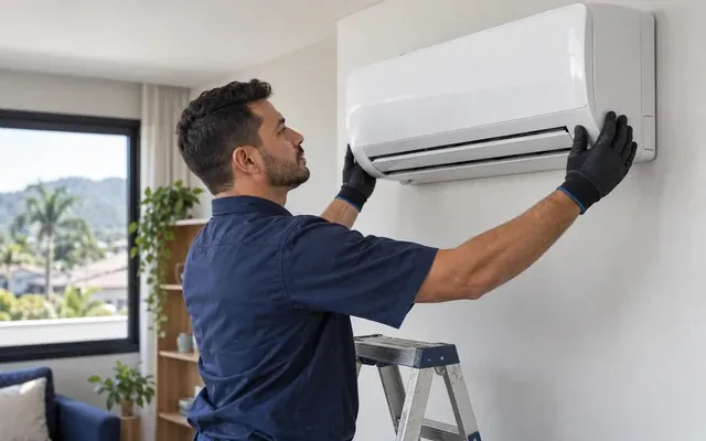Técnico instalando a unidade interna de um ar-condicionado split na parede de uma sala