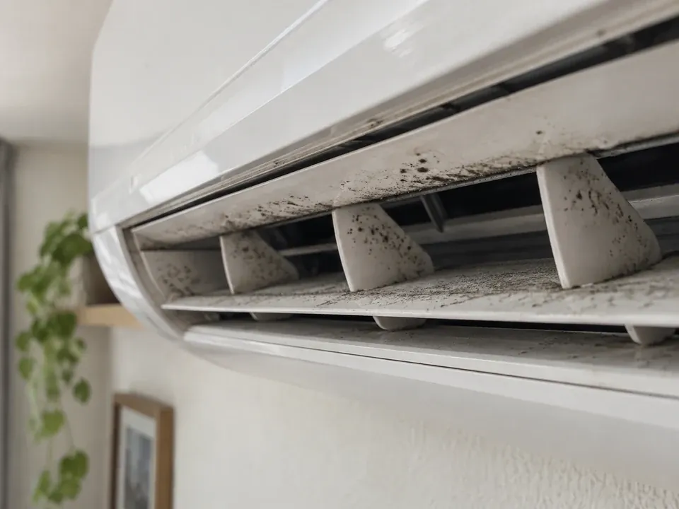 Pontos escuros de mofo na saída de ar de um ar-condicionado split