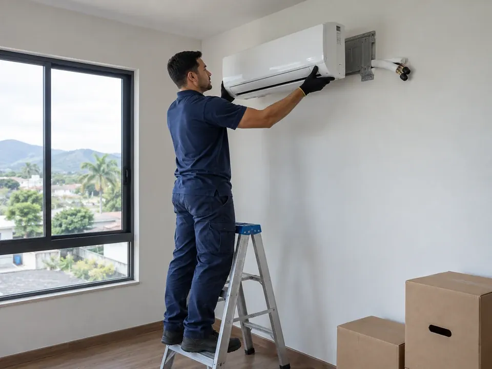 Técnico retirando a unidade interna de um ar-condicionado split da parede de um quarto